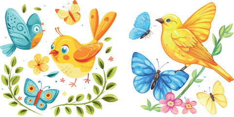 Birds and butterflies. Funny spring butterfly and yellow bird