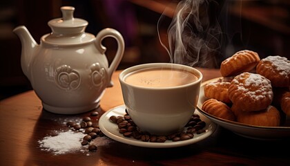 Fototapeta premium A cup of coffee and assorted pastries placed on a wooden table, ready to be enjoyed