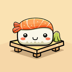 Illustration of a cute sushi on a wooden pallet. Japanese food.
