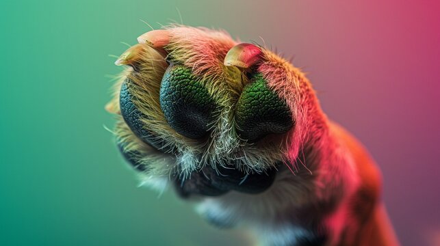 Striking image of a dogs paw in closeup, using leading lines that guide the eye along the paw against a vivid green and magenta background, creating a playful and engaging pet photo
