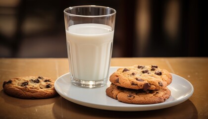 A plate of chocolate chip cookies sits next to a glass of milk on a table