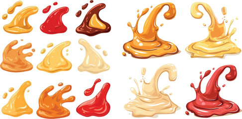 Obraz premium Cartoon sauce stains. Mayonnaise stain sauce splash american ketchup drizzle dip mustard