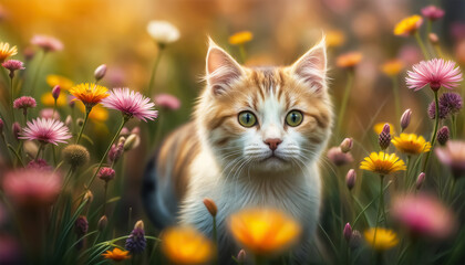 Kitten portrait. Ginger cat is playing in a meadow among flowers. Cat among flowers