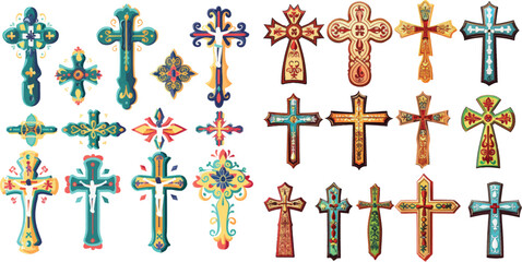 Cross icons set. Decorated crosses signs - obrazy, fototapety, plakaty