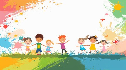 Happy Children Playing with Colorful Paint Splatter Background