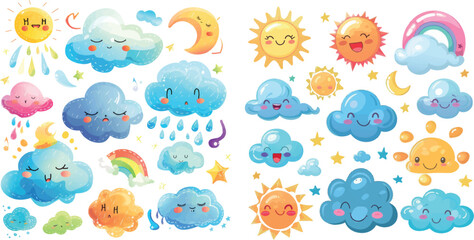 Cute weather. Cartoon weathers illustration items for kids, sunny clouds