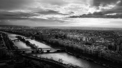 View over the river seine at sunset. Wide angle landscape photo of the city of Paris