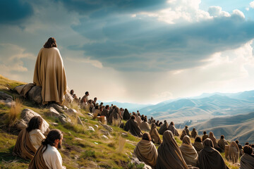 Jesus standing on a hillside, surrounded by attentive listeners, emphasizing his message of peace and humility