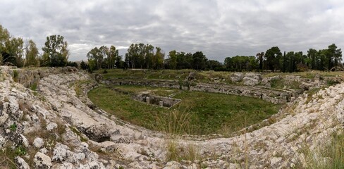 panorama view of the Roman Theater in the Neapolis Archaeological Park in downtown Syracuse