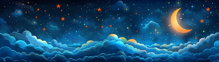 Cartoon moonlit night with whimsical stars and clouds, serene and dreamy, vector art, dark night colors with bright star highlights, no text