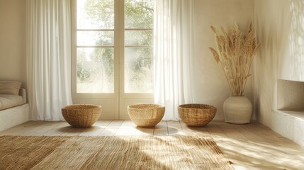 Fototapeta na wymiar Woven Baskets Add a Touch of Natural Elegance to a Bright, Airy Room