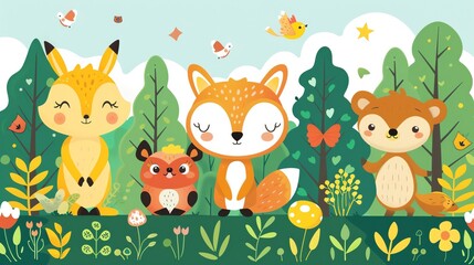 Naklejka premium Cartoon forest with stylized trees and woodland creatures, playful and natural, illustration art, vibrant greens, no human elements