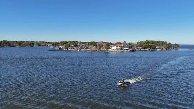 Drome shot of a baot in lake contoe rexas