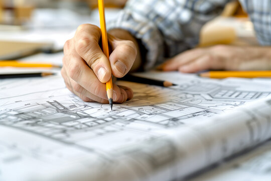 Artistic photo of an architect sketching designs for a new building project