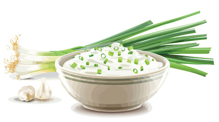 Bowl of tasty sour cream with fresh green onion - obrazy, fototapety, plakaty