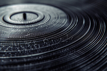 Textured surface of a vinyl record, featuring grooves and concentric rings. Vinyl record textures offer a retro and nostalgic backdrop