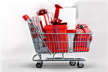 Small empty metal shopping cart with handles with gift box present on grey background. Shop buying holiday concept. Copy text space for advertising