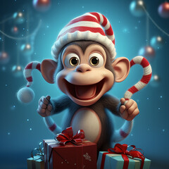 3d photo of happy monkey with gift box made with generative ai