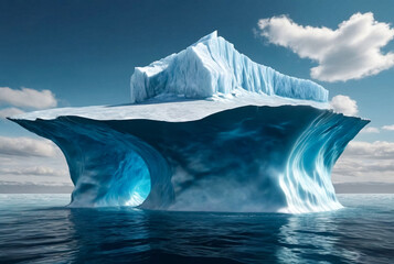 Scenery of big iceberg on water surface view in north ocean, serene scene. Isberg of central composition, blue sky, sea landscape. Hidden threat or danger concept. Gen ai illustration. Copy text space