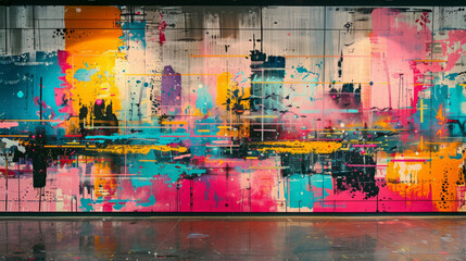 A modern abstract mural featuring distorted figures and neon splashes adorning a loft wall in a downtown setting, creating a vibrant and dynamic atmosphere.