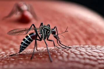 Close-up of striped mosquito on human skin, macro photo. Mosquitoes (Aedes aegypti) sucking human blood, close up. Carriers of dengue fever and malaria concept. Gen ai illustrate. Copy ad text space
