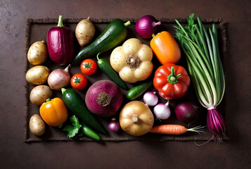 Top view of harvest vegetables on ground - potatoes, pumpkin, carrots, onions, beets, peppers, tomatoes, cucumbers, beans, garlic. Autumn harvest farmers concept. Gen ai illustrate. Copy ad text space