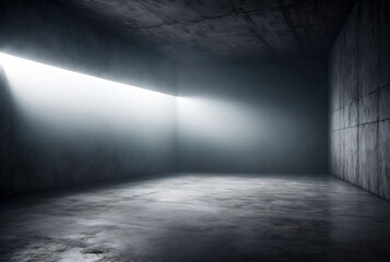 Illustration of empty space industry room with concrete floor grunge texture background, fog and lighting effect. Industrial hall. Create art backdrop concept. Gen ai illustrate. Copy ad text space