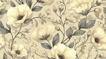 Art Nouveau style floral background with intricate blooms and vines, elegant and vintage, vector design, soft floral palette, seamless pattern
