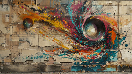 Abstract graffiti art on an industrial building with swirling colors and surreal designs, showcasing creativity and urban artistry.