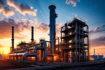 Industrial factory with furnace and heat exchanger cracking hydrocarbons, sunset. Equipment petrochemical plant. Manufacturing and industry technology concept. Gen ai illustration. Copy ad text space