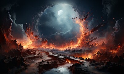 Fire and Water Painting With Full Moon
