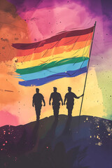 A flag with the rainbow colors and three men holding it