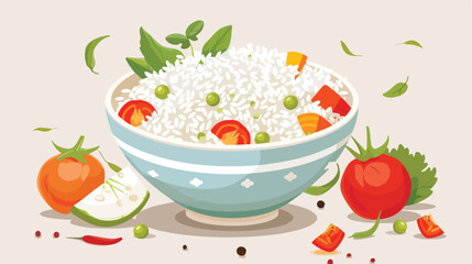 Bowl with tasty rice and vegetables on light background