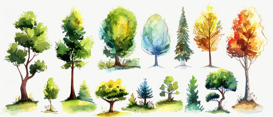 A collection of hand-drawn watercolor trees for use in art and design projects, featuring a variety of forest trees.