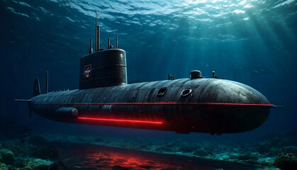 Military submarine with red lights sailing deep underwater. Submarine diving under water, military control of sea. Protection of water state borders. Naval forces military concept. Copy ad text space