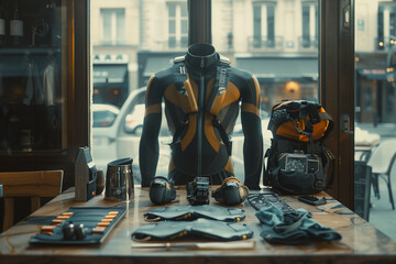 High-tech sports gear arranged neatly against a chic Parisian café setting