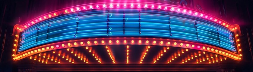 Art deco theater marquee with neon lights, glamorous and historical, illustration design, bright lights against dark background, no modern signs