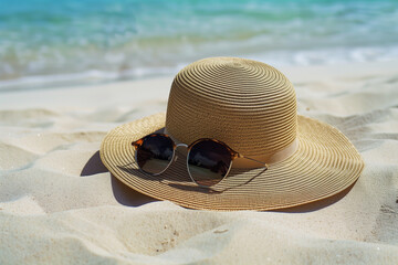 A stylish sun hat and sunglasses resting on a sandy beach