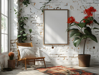 Ultra-Realistic Detail: White Frame Mockup in Minimalist Interior Design Space