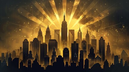 Art Deco style cityscape with skyscrapers and sun rays, glamorous and historical, illustration design, gold and black palette, no modern buildings