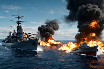 Scene of naval war on open ocean by battleships, fire and intense military operations. Scenery of battle battleships on protection of water state borders. Naval forces army concept. Copy ad text space