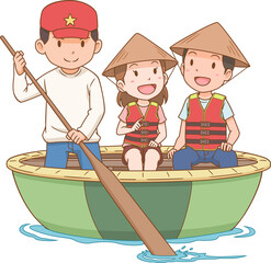 Cartoon illustration of tourists riding basket boat which is made from bamboo woven. Tourism in Vietnam.