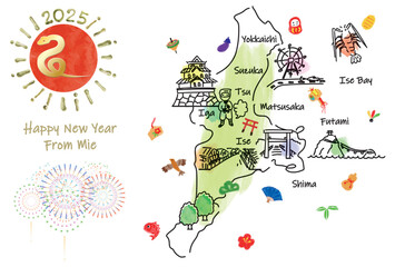 三重県の観光地のイラストマップ年賀状2025年
