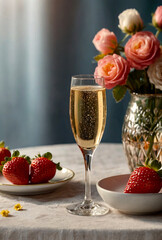 Close-up crystal glass of champagne with strawberry stands on table with flowers. Romantic still life of with champagne and flower at dark background. Event celebration concept. Copy ad text space