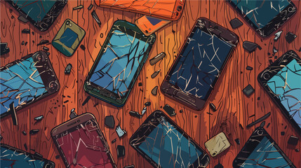 Broken mobile phones on wooden background Vectot style
