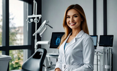 Lifestyle portrait of woman dentist doctor in medical white gown sitting at dental office in clinic, smiling looking at camera. Medicine children dentistry concept. Copy ad text space