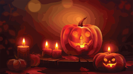 Burning candles with pumpkins as decor for Halloween