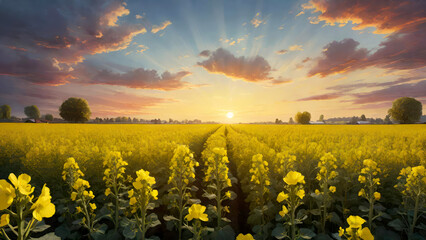 Obraz premium Rapeseed field with rape yellow flowers at sunset time.Blooming canola grown for the rapeseed oil crop. Generative AI
