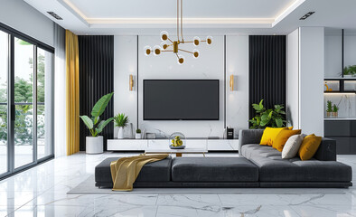 Modern living room with a black and white color scheme, sofa, coffee table, TV cabinet, carpet, floor-to-ceiling windows, curtains, chandelier, wall decoration, wooden grain cabinets, yellow chair
