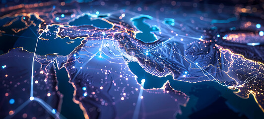 World map made of glowing printed circuits, global network and connectivity, data transfer and technology